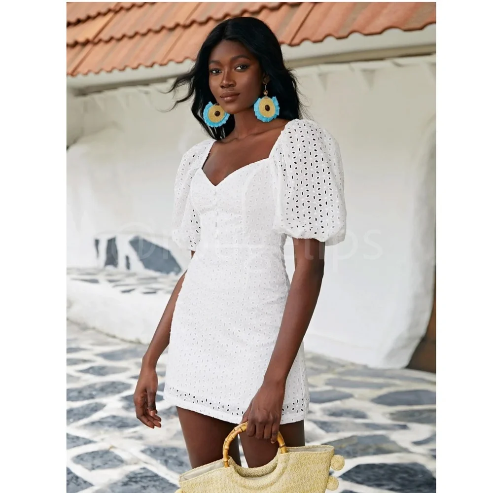 White Mini Dress Eyelet Embroidery Short Puff Sleeves Sweetheart Neckline - Picture 3 of 6